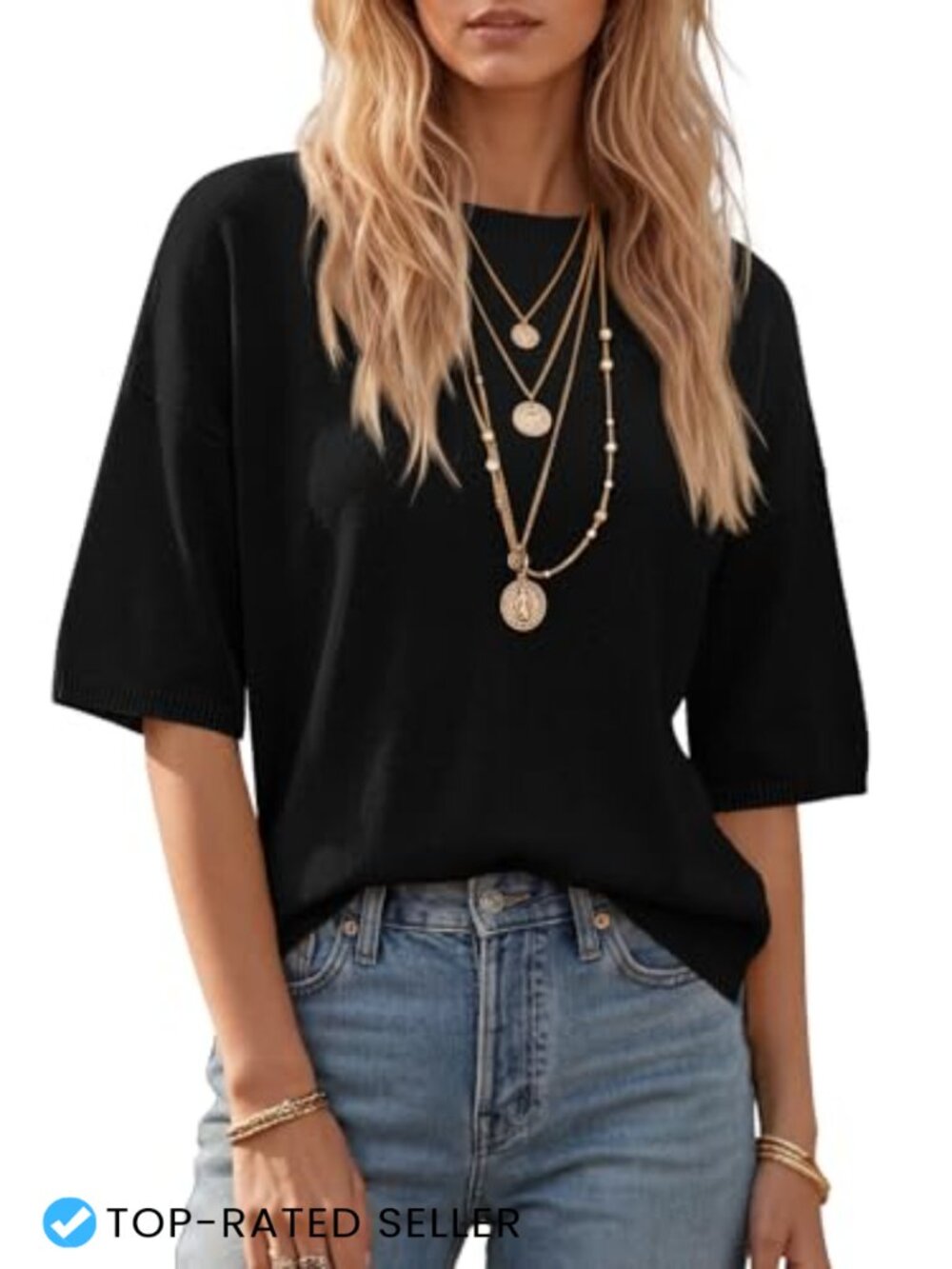 Women's Lightweight Viscose Blend Knit Pullover Sweater 3/4 Sleeve Crew Neck